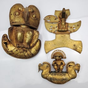 3 Large, Old Pre-Columbian Style Brass Items