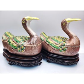 Pair of Chinese Porcelain Covered Duck Boxes