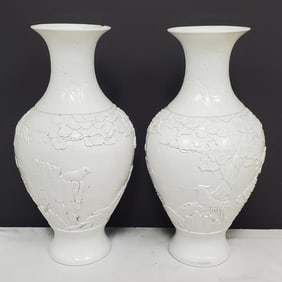 Pair of Chinese Signed White Porcelain Vases