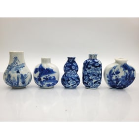 5 Chinese Blue & White Porcelain Snuff Bottles