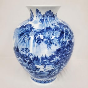 Large Japanese Hirado Blue & White Showa Vase
