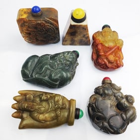 Lot of 6 Chinese Carved Hard Stone Snuff Bottles