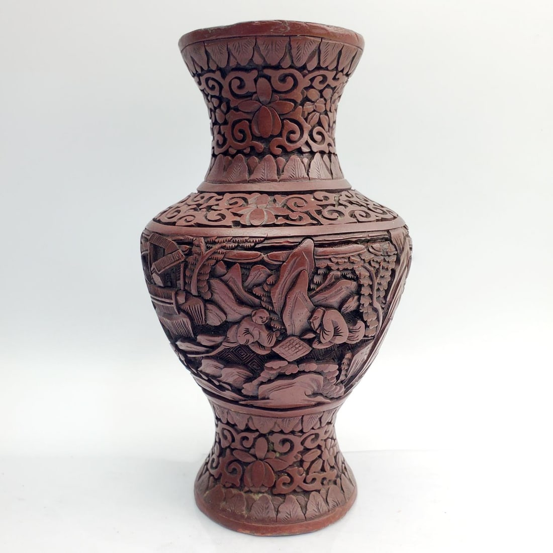 Antique 19th C. Chinese Cinnabar Vase: Antique 19th C. Chinese Cinnabar Vase. Condition: Generally Very Good. Dimensions: H-8.8". Provenance: From a Long Island, NY Home. Please note the absence of a Condition Report does not imply that th