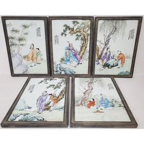 Lot of 5 Old Chinese Signed Plaques "Famille Rose"