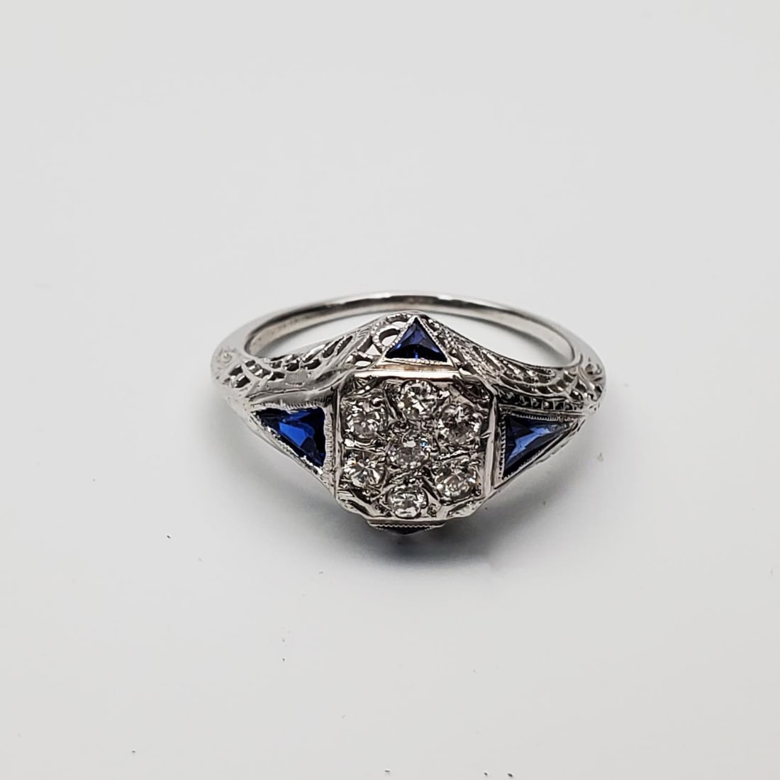 Art Deco 18K White Gold, Diamonds & Sapphires Ring (1 of 5)