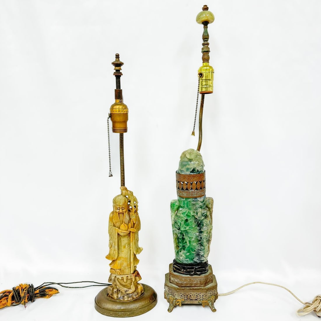 Lot of 2 Antique Early 20th C. Chinese Lamps: Lot of 2 Antique Early 20th C. Chinese Lamps Including a Green Onyx Along w/ a Carved Soapstone Example. Condition: Generally Good, As Found. The Green One Comes Apart (See Photo). Dimensions: Larger