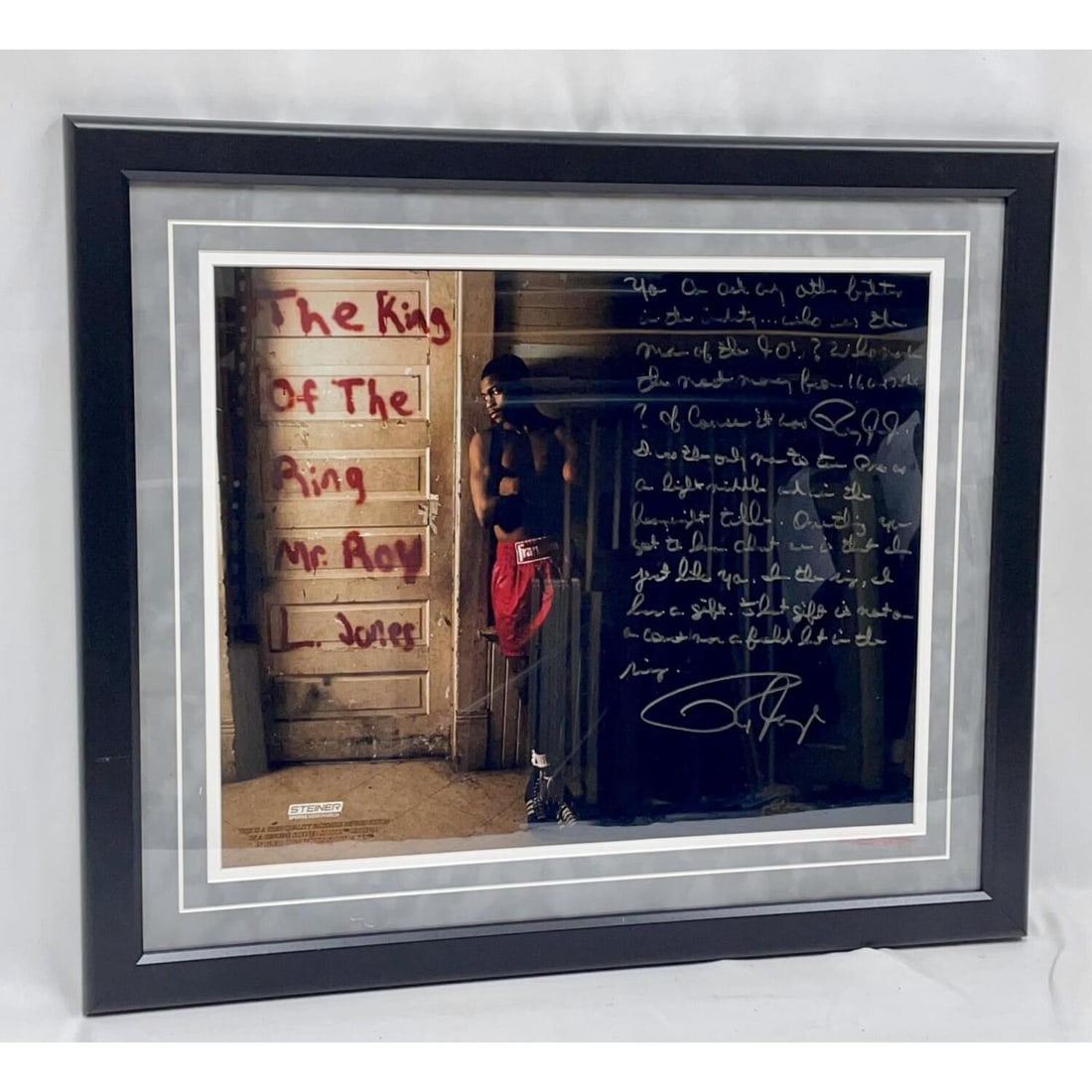 Signed Roy Jones Story Photo Steiner Memorabilia: Signed Roy Jones Story Photo by Steiner Memorabilia. Framed Under Glass. Not Examined Out of Frame. Condition: Generally Very Good. Dimensions: Sight- 20" x 16". Frame- 26" x 22". Provenance: From a P