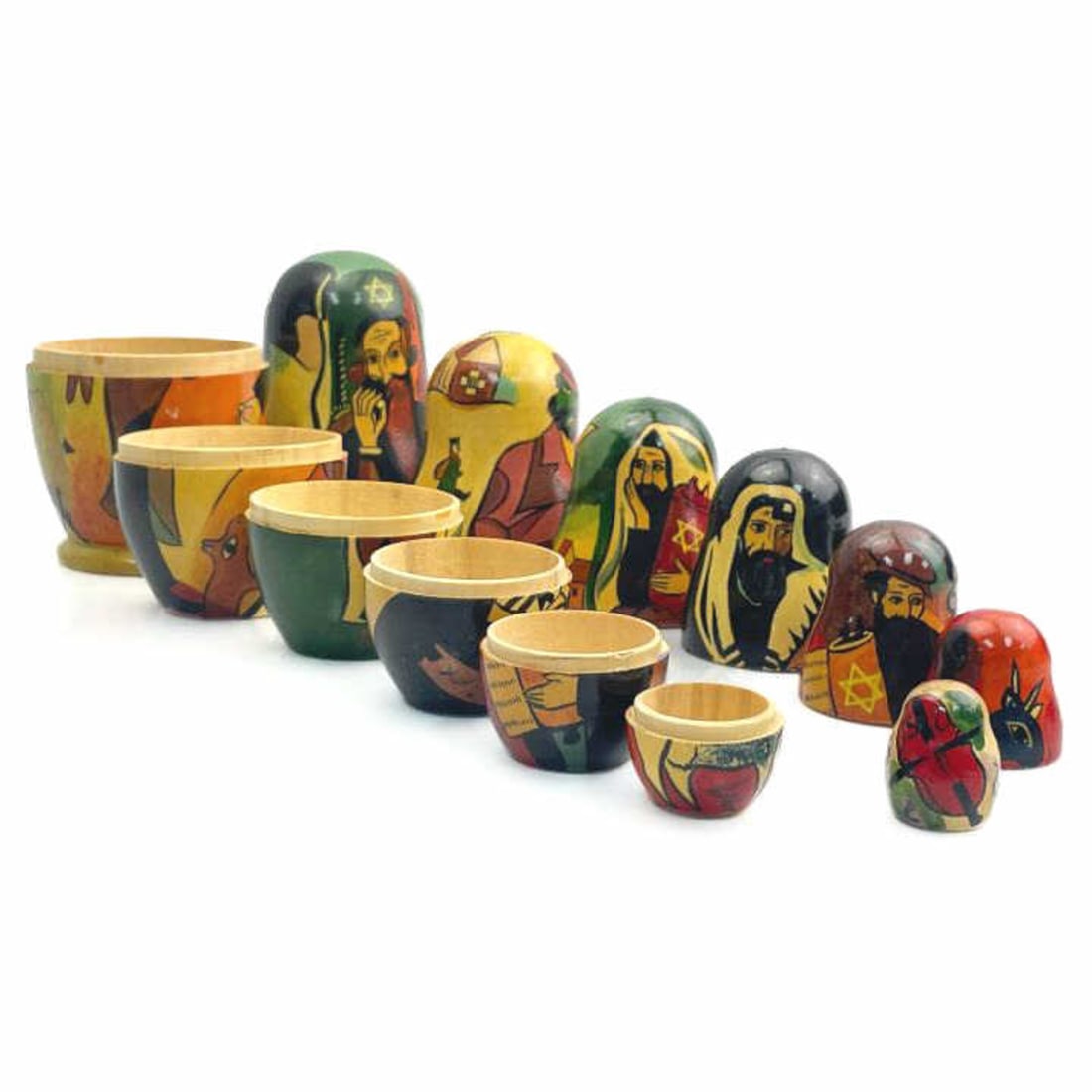 Old Russian USSR Judaica Handpainted Nesting Dolls: Old Russian USSR Judaica Hand Painted Signed Nesting Dolls Describing Life of a Jewish Family in a Village. For Example, One Shows a Violin Player with a Rabbi. Includes 7 Eggs. Signed Kotova. Made in