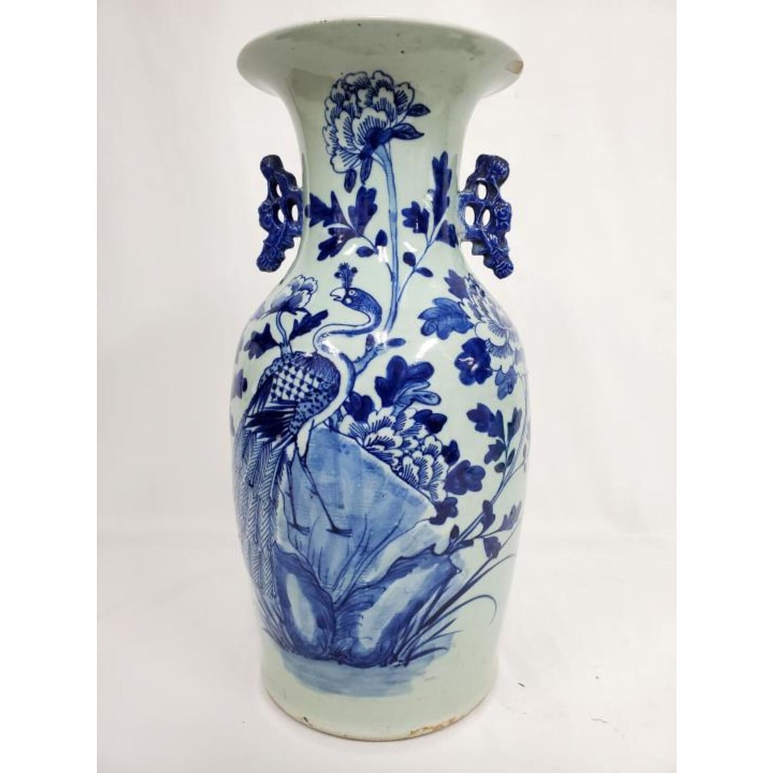 Antique Chinese Blue and White Celadon Vase: Antique Chinese Blue and White Celadon Vase. Late Qing Dynasty. Condition: Generally Very Good, Has a Very Old Short Hairline on the Body and a Chip on the Bottom of the Top Edge. Dimensions: H-16.75"