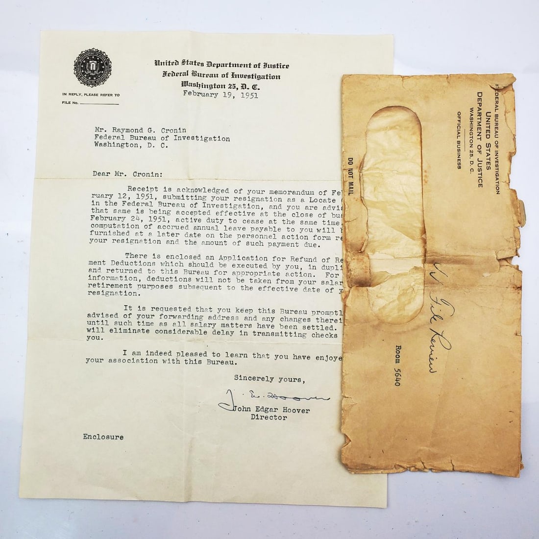 Original Letter Signed J. Edger Hoover Dated 1951 (1 of 2)