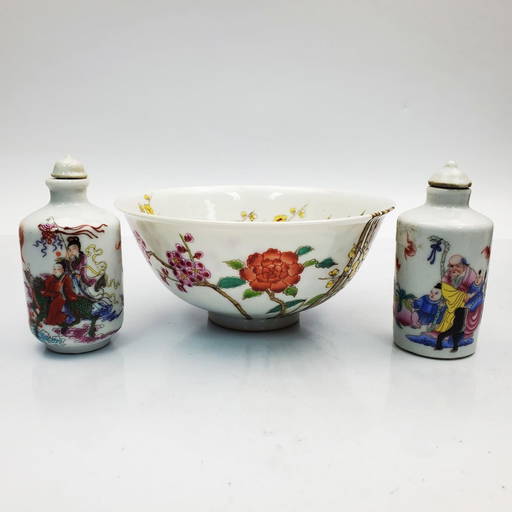 Lot Of 3 Chinese Signed Enameled Porcelain Items