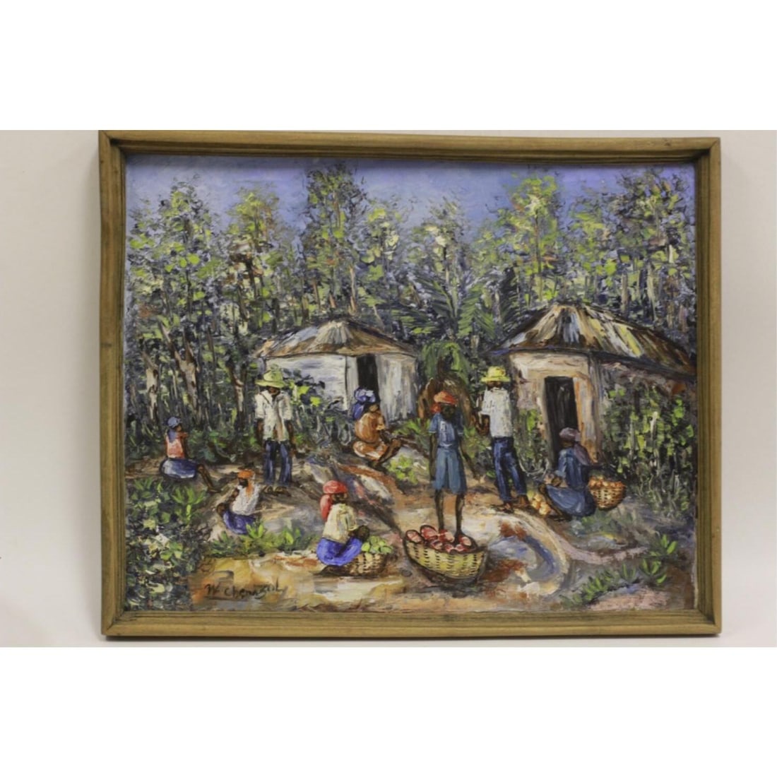 Painting, Oil on Canvas "Island Scene": Painting, Oil on Canvas "Island Scene". Probably Haitian. Condition: Generally Good. Dimensions: Sight- 15.5" x 19.5", Frame-17.5" x 21.5". Provenance: From a Long Island, NY Home. Please note the abs