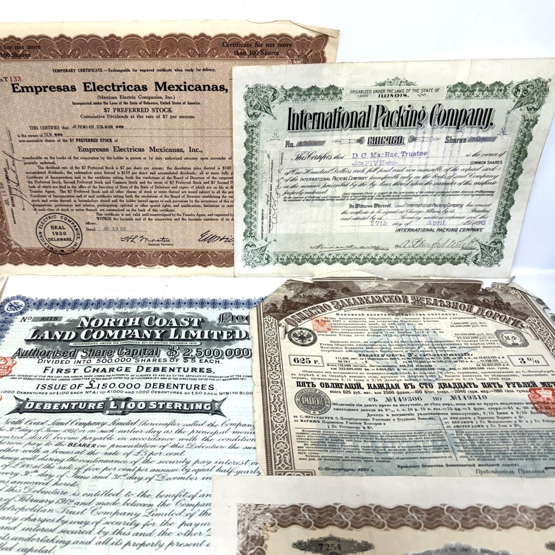 24 Original Bond Certificates, Various Countries: Lot of 24 Original Bond Certificates from Various Countries Including Russia, Bulgaria, England, USA, Canada, Ireland, Uruguay, Bolivia, Chile, Mexico, Italy, Spain, Etc. They Appear to be from the La