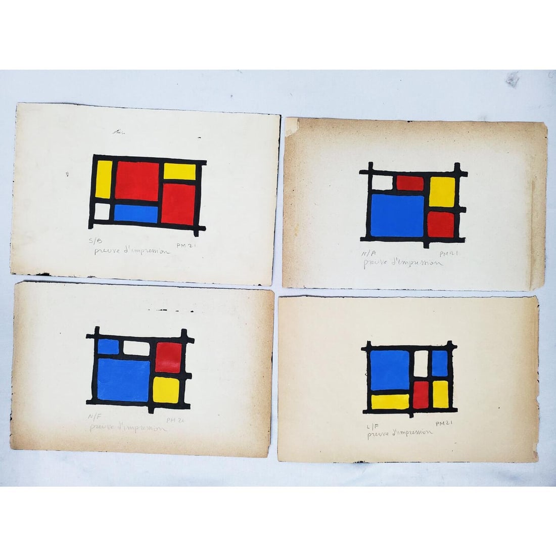 After Piet Mondrian, 4 Oil on Paper: After Piet Mondrian, 4 Oil on Paper. Unframed. Condition: Generally Good, Heavy Yellowing and Minor Losses on the Edges. Dimensions: Each- 10.25" x 6.75". Provenance: From a Private Collector. Please 