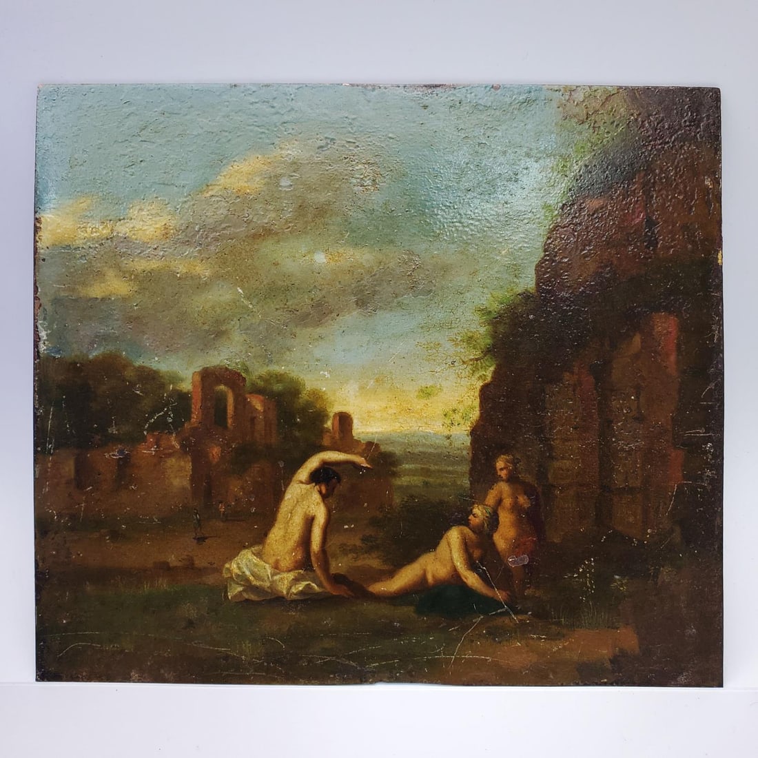 Antique 19th C. Dutch or Flemish Painting Copper: Antique 19th C. Dutch or Flemish Painting Oil on Copper. "Nudes Bathing". W/ Reverse Writings on The Back Which Appears to Be Martinus Van Harlingen. Condition: Generally Very Good. Very Minor Scratch