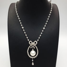 14K White Gold, Diamond & Pearl Necklace