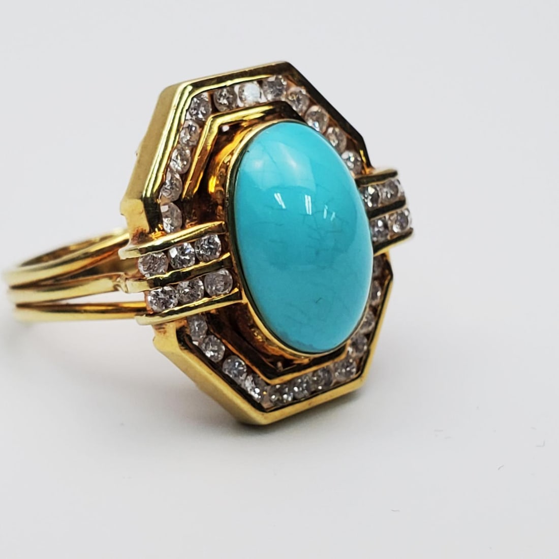 14K Gold, Turquiose and Diamonds Retro Ring (1 of 4)