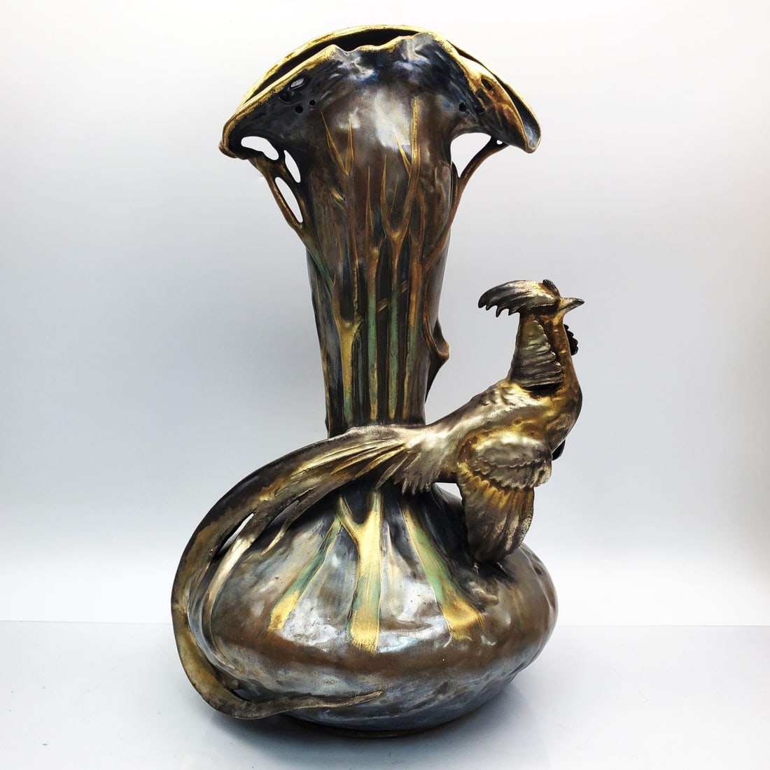 Large Amphora Art Nouveau Iridescent Pheasant Vase (1 of 7)