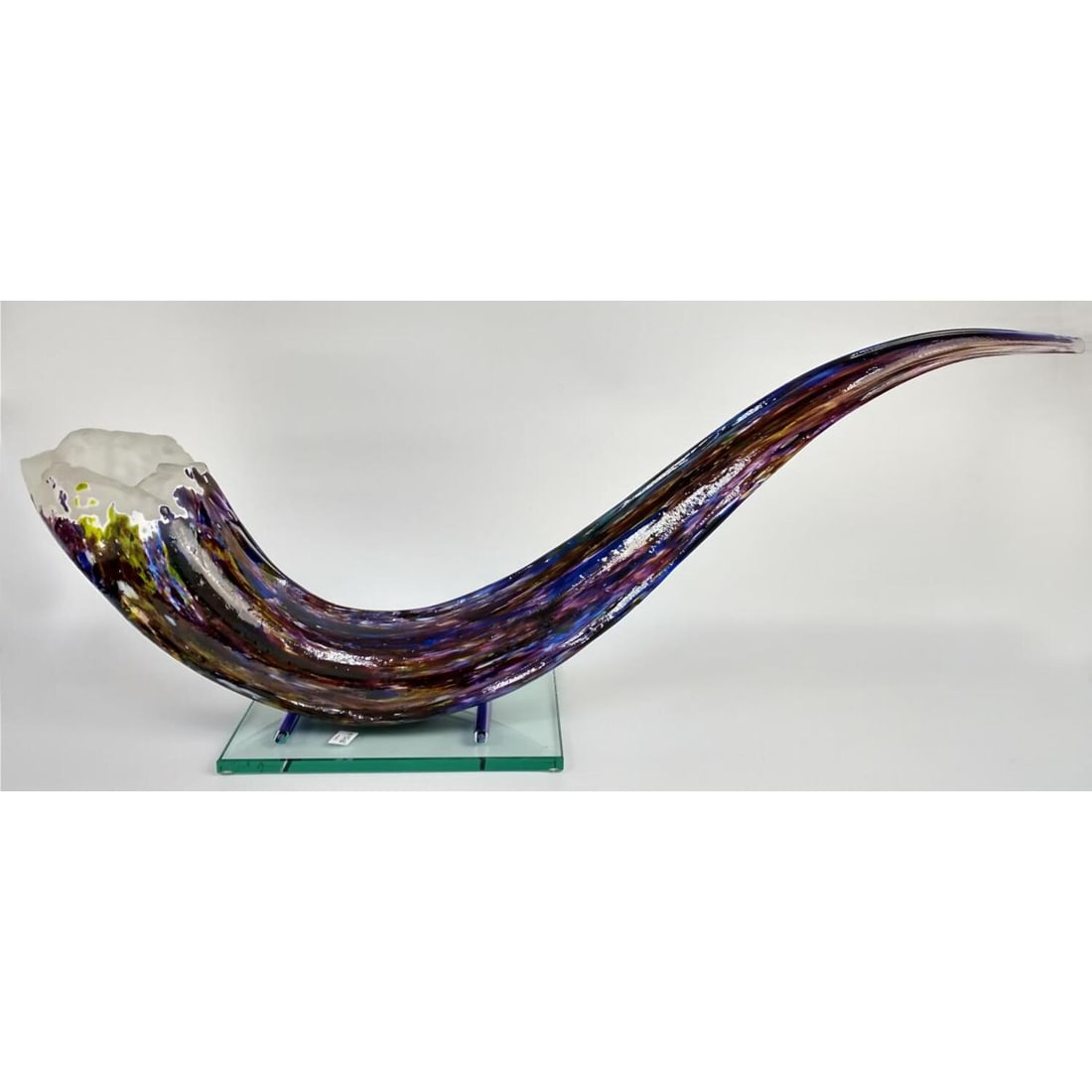 Monumental Art Glass Sculpture by Faye Miller: Monumental Art Glass Sculpture by Faye Miller. "Purity Horn". On Original Glass Base. Condition: Excellent. Dimensions: Total L-31". Provenance: From a Long Island, NY Estate. Please note the absence 