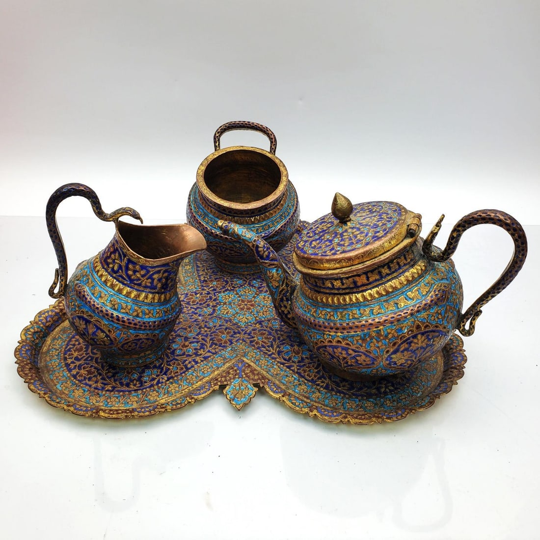 Antique Middle Eastern 4pc Enameled Brass Tea Set (1 of 9)