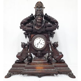 Rare 19th C. American Large Carved Wood Mantel Clock