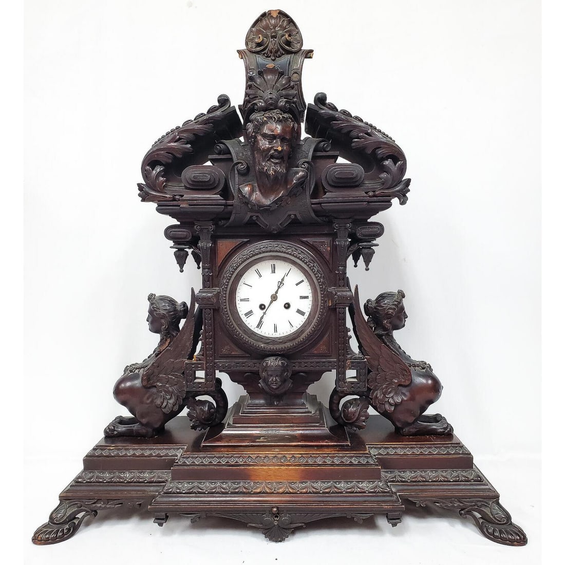 Rare 19th C. American Large Carved Wood Mantel Clock (1 of 20)