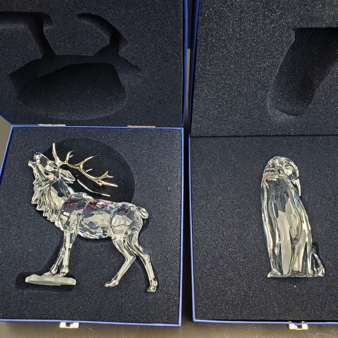 Swarovski Crystal Lot of 2 Animal Figures: Swarovski Crystal Lot of 2 Animal Figures Including a Moose & a Penguin. Both In Original Fitted Boxes w/ Certificates of Authenticity. Condition: Excellent. Dimensions: Moose-H-5.5" x L-5.5". Box-8" 