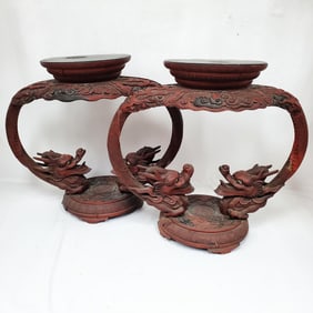 Antique Pair Japanese Wood Stands w/ Glass Eyes