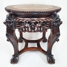 Antique Chinese Cherry Wood and Marble Side Table