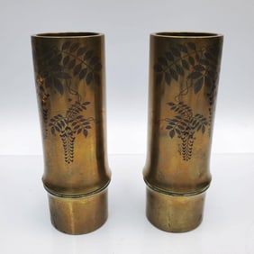 Pair Antique Signed Japanese Bronze & Mixed Metal