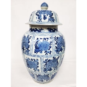 Very Large Chinese Blue & White Covered Temple Jar