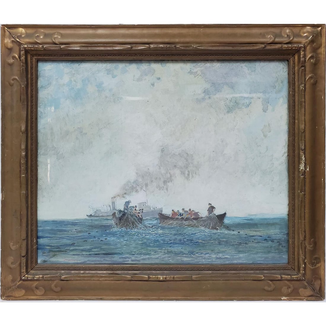 Lewis Palmer Skidmore, American, (1877-1955): Lewis Palmer Skidmore, American, (1877-1955) Painting Oil on Board. "Menhaden Fishermen". Signed Lower Right. Also, w/ Description on The Back. In Original Frame Under Glass. Has Not Been Examined Out