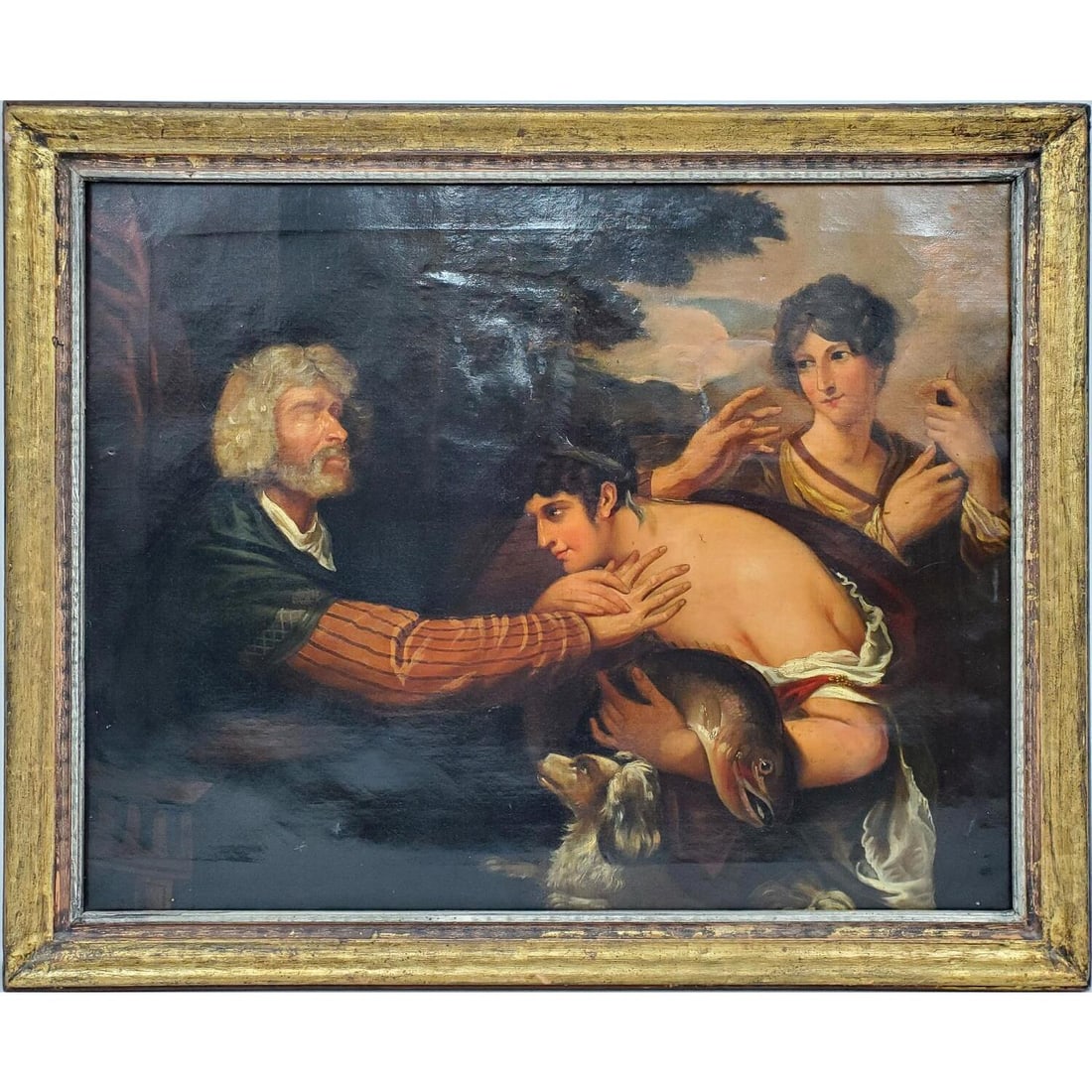 Attributed to Benjamin West, American (1738-1820): Attributed to Benjamin West, American (1738-1820) Antique Painting Oil on Canvas. "Tobit & The Fish". Apparently Unsigned. Fully Described on The Back. Condition: Several Very Old Repairs. Dimensions: