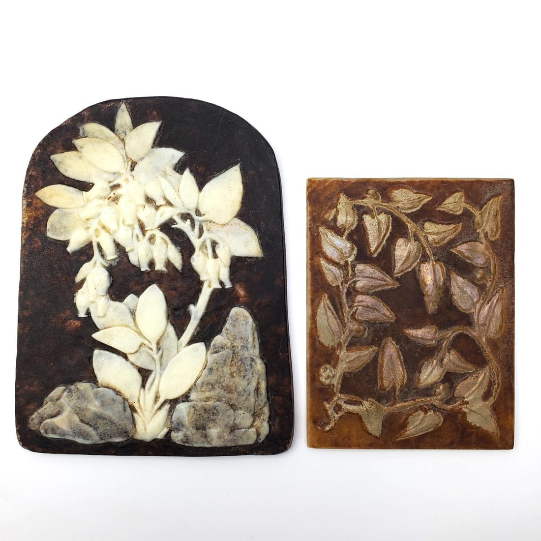 2 Antique French Pate De Verre Plaques Henri Cros: Lot of 2 Antique French Pate De Verre Plaques Attributed to Henri Cros, French (1840-1907). Apparently Unsigned. Condition: Generally Very Good. Dimensions: Larger-5.4" x 4.1". Provenance: From a Long