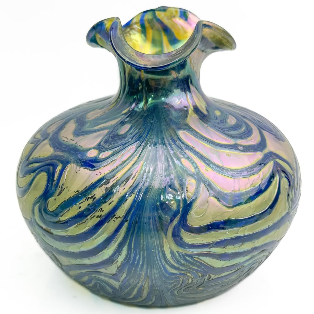 Loetz Antique Iridescent Art Glass Vase: Loetz Antique Iridescent Art Glass Vase with Original Paper Labels on the Bottom. Condition: Excellent. Dimensions: H-6.5" x D-6.5". Provenance: From a Long Island, NY Home. Please note the absence of