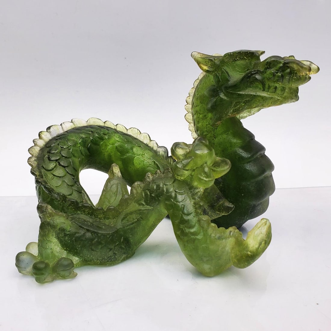 Daum France Pate De Verre Art Glass Dragon Figure: Daum France Pate De Verre Art Glass Figure of A Green Dragon. Fully Signed & Numbered 816/2000 At The Bottom. Condition: Excellent. Dimensions: L-5" x H-3". Provenance: From a Long Island, NY Home.Ple