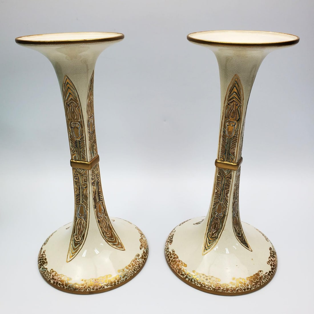 Antique Pair Japanese Signed Satsuma Candlesticks (1 of 4)