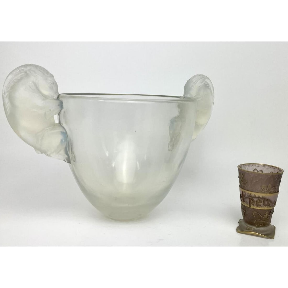 Two Antique French Art Glass Vases: Two Antique French Art Glass Vases. One R. Lalique. Damaged. Condition: Both with Missing and Damaged Parts. Sold As Is. Dimensions: Largest H-6" x Dia-9". Provenance: From a Sutton Place Town House i
