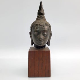 Antique Sukhothai Style Bronze Buddha Head on Base