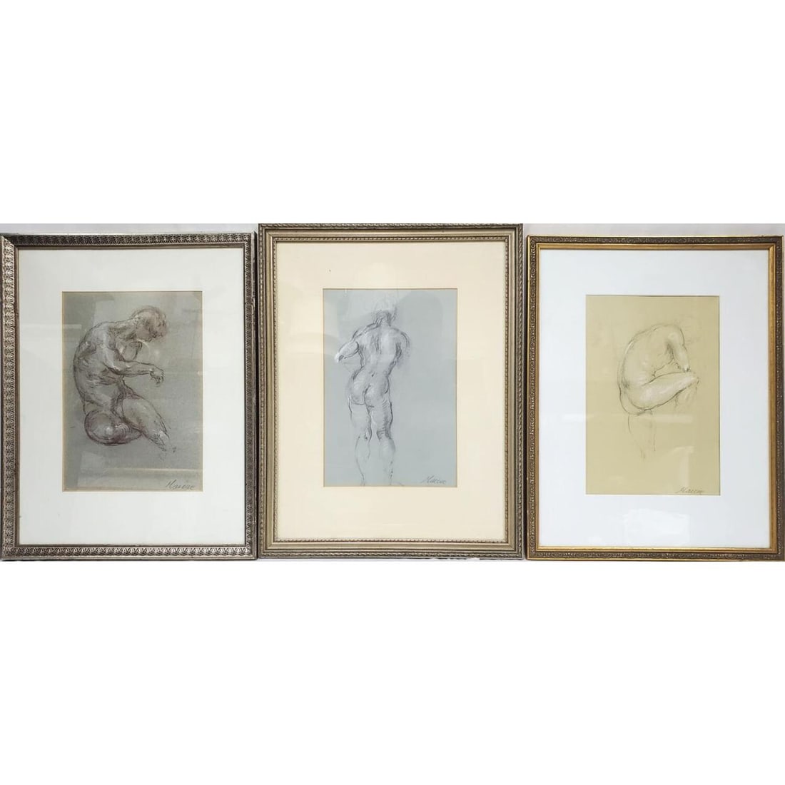 Lot of 3 Signed "Maione" Drawings "Nude Men": Lot of 3 Signed "Maione" Drawings, Pencil & Pastel on Paper "Nude Men Portraits". All Signed Lower Right & Beautifully Framed Under Glass. Have Not Been Examined Out of Frames. Condition: Excellent. D
