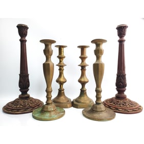 Lot of 6 Old Judaica Candlesticks Incl. 4 Brass