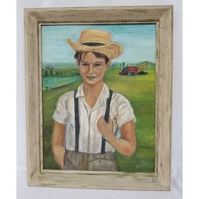 Signed Painting, Oil on Board "Farm Boy"