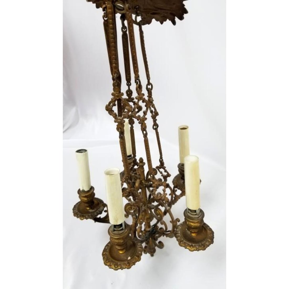 Bronze 5 Light Chandelier: Bronze 5 Light Chandelier. Condition: SOLD AS IS. Needs Re-Wiring . Dimensions: H- 20" x Dia- 11.5". Provenance: From a Long Island, NY Home. Please note the absence of a Condition Report does not imp