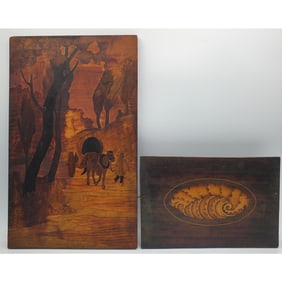Galle Style Antique Marquetry Wood Panel & Another