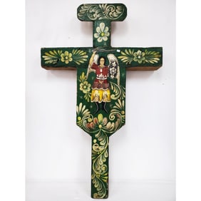 Large Spanish Colonial Hand Painted Wood Cross