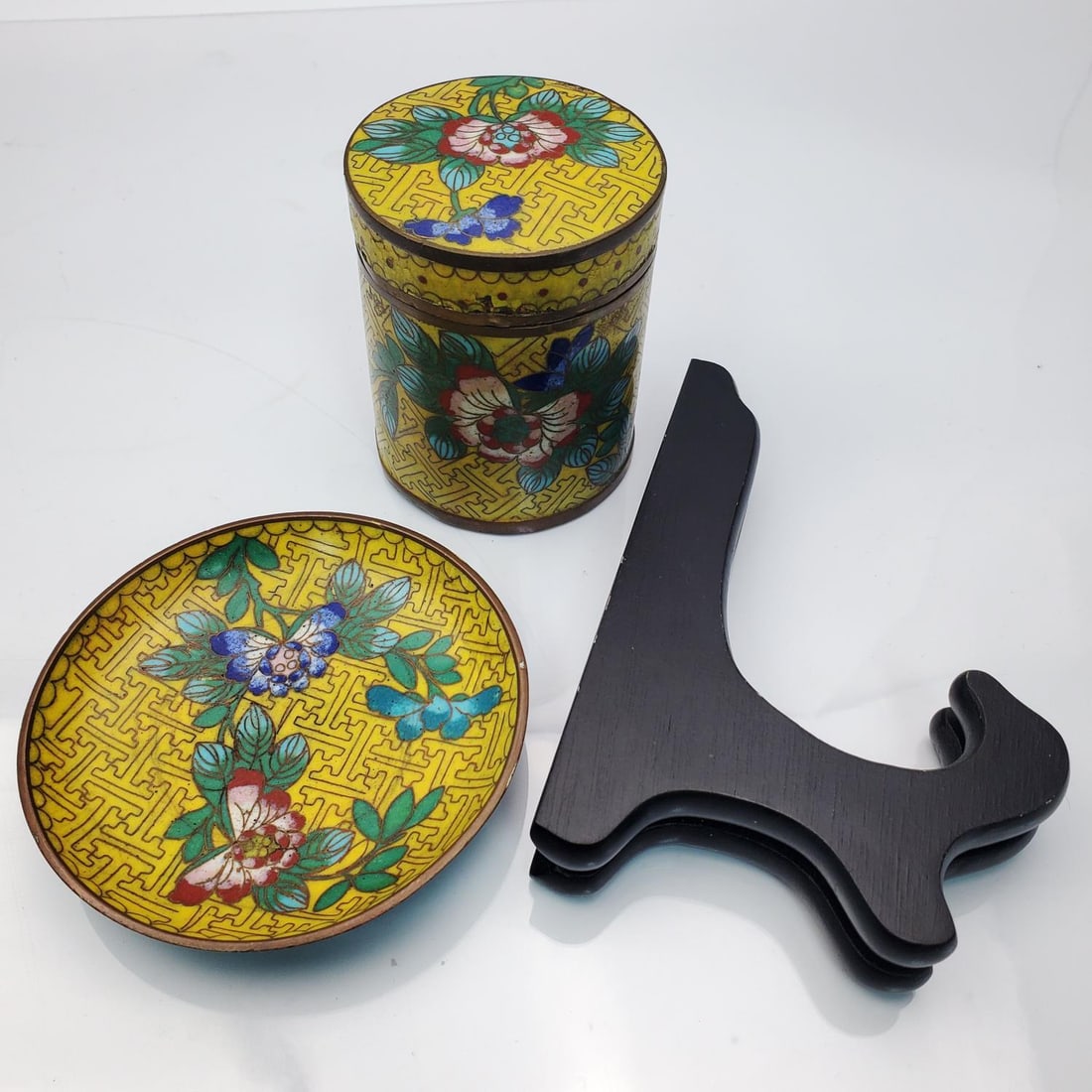 Vintage Chinese Royal Yellow Cloisonne Brass Set (1 of 3)