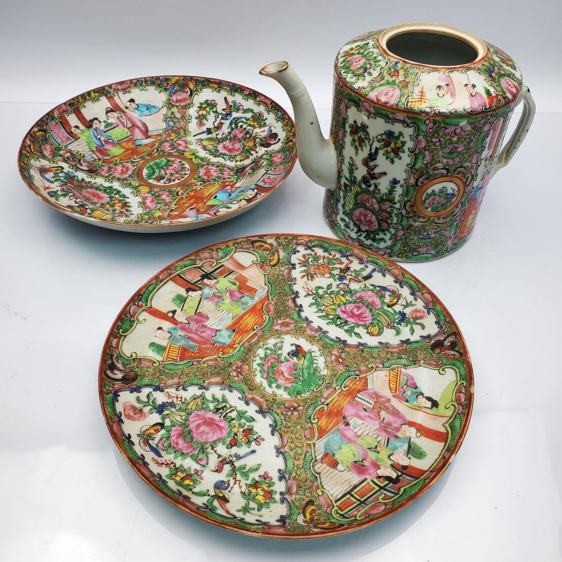 Lot of 3 Chinese Antique Porcelain Items: Lot of 3 Chinese Antique Porcelain Items. Condition: Generally Good. Dimensions: Pitcher H-5.75" x L-8.5" (Handle to Spout). Provenance: From a Long Island, NY Home. Please note the absence of a Condi