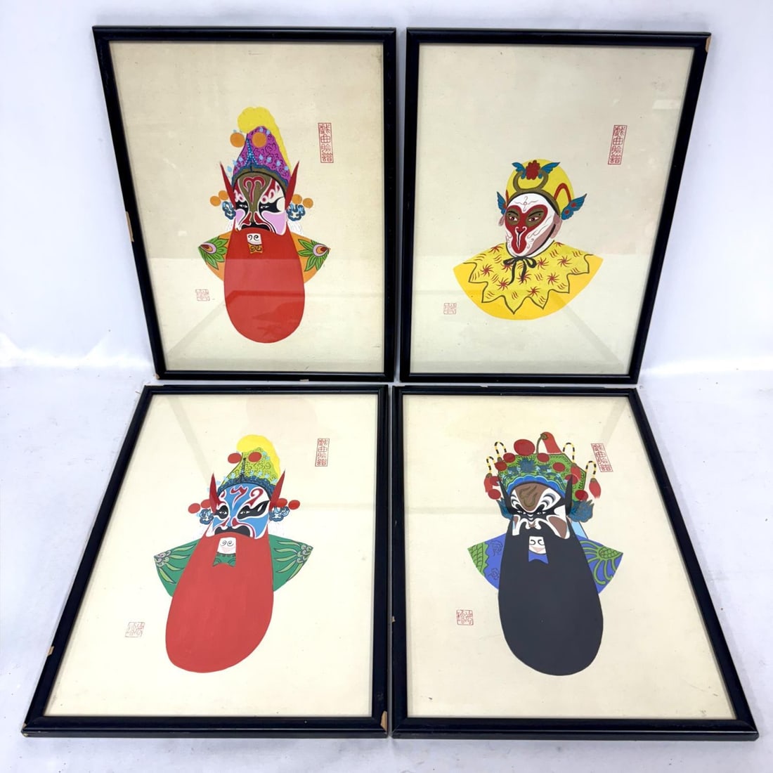 4 Traditional Chinese Opera Make-Up Paintings: Lot of 4 Chinese Paintings Depicting the Facial Make-Up of the Chinese Traditional Peking Opera. 2 Have Descriptions on the Verso. All Framed Under Glass. Not Examined Out of Frames. Condition: Genera