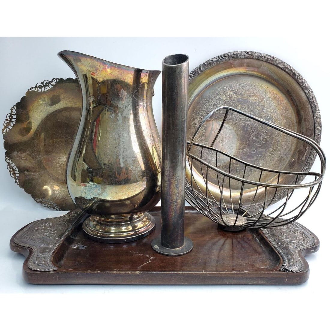 Lot of Silver Plated Items Along w/ Wood Tray (1 of 4)