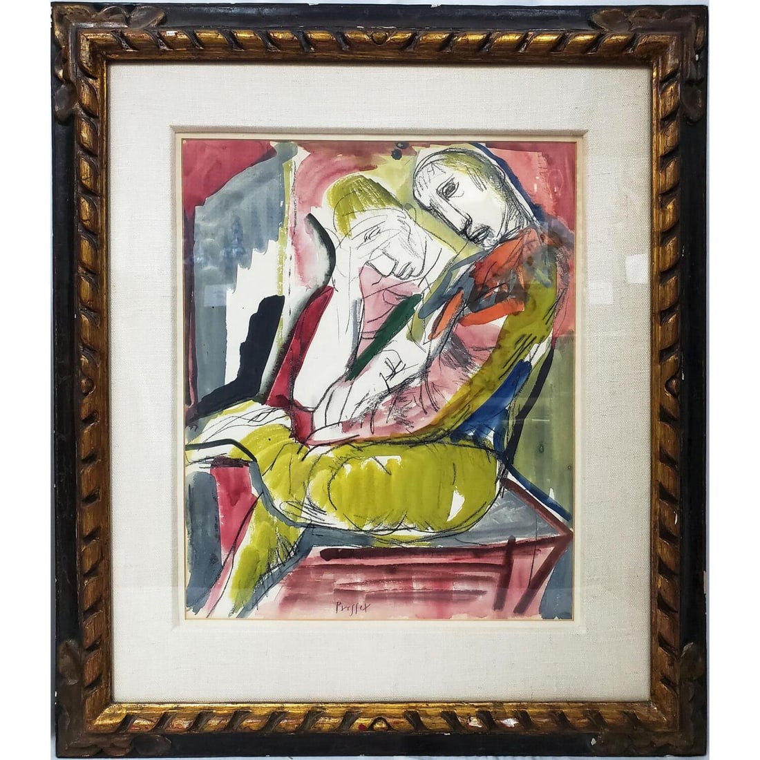 Josef Presser, American (1907-1967) Painting: Josef Presser, American (1907-1967) Painting Pastel & Gouache on Paper. "2 People". Signed Lower Middle. In Original Frame Under Glass. Has Not Been Examined Out of Frame. Condition: Generally Very Go